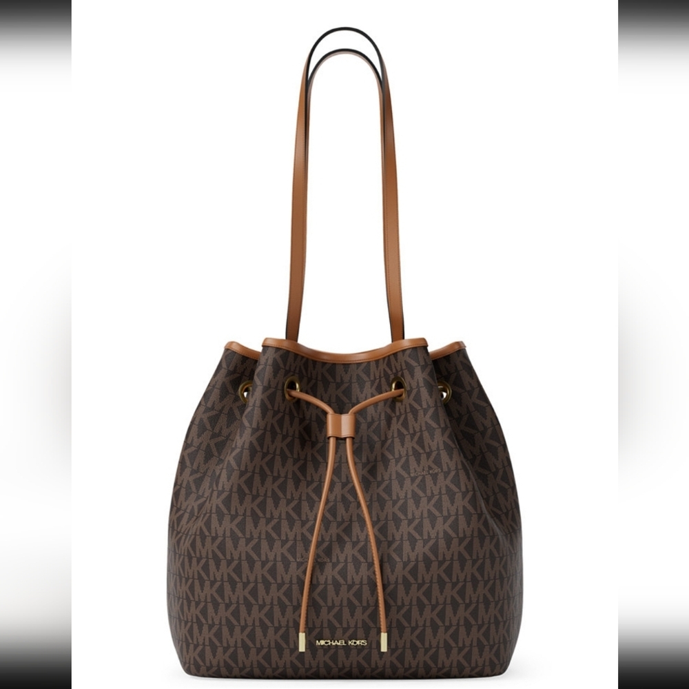 Michael Kors Avery Signature Logo Bucket Bag Brown/ Acorn Color NWT